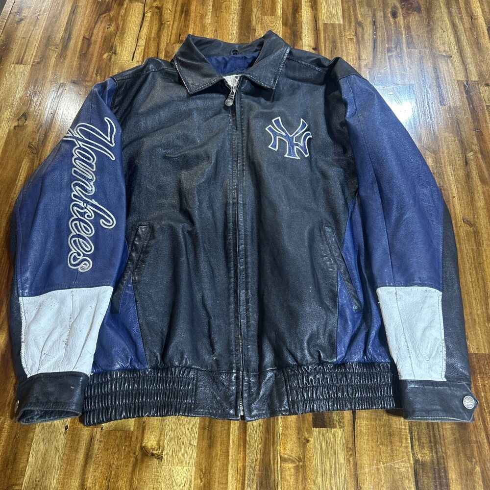 New York Yankees G-III Leather Jacket Men's XL Black Script Spellout MLB Bomber